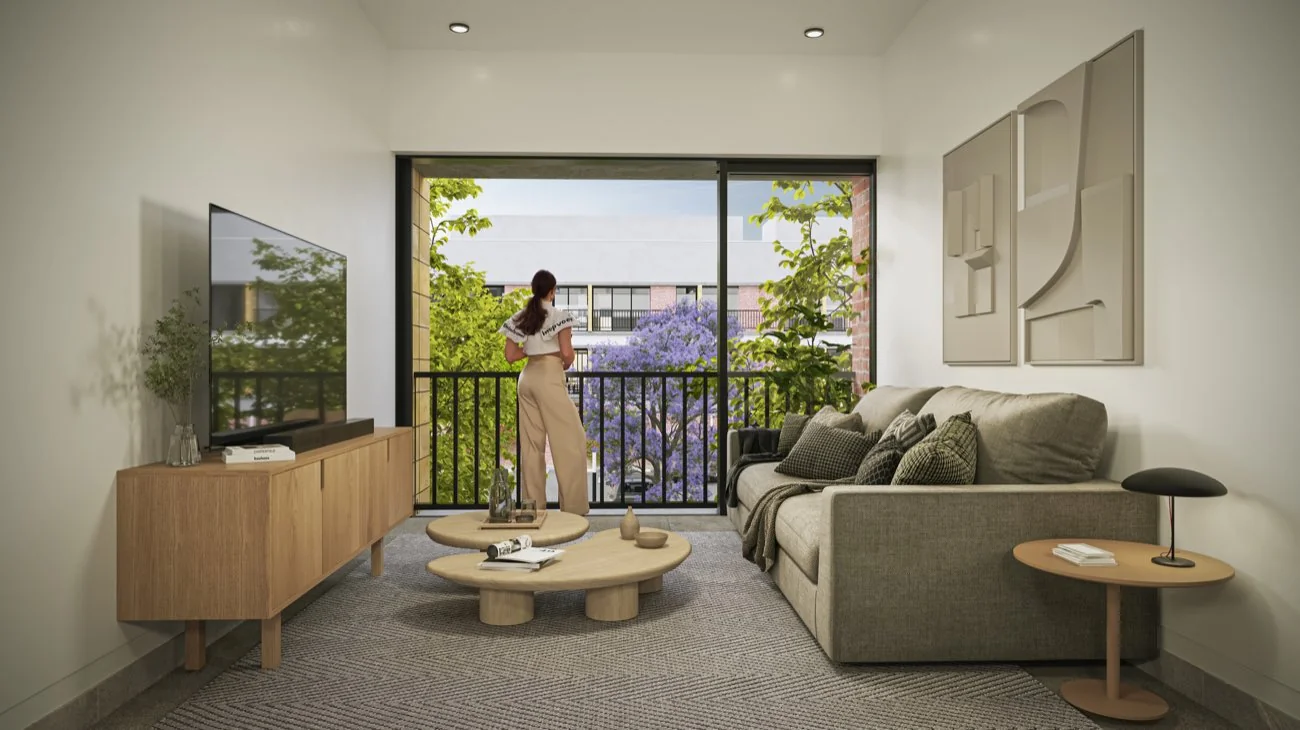 Render de la sala con balcón hacia las jacarandas